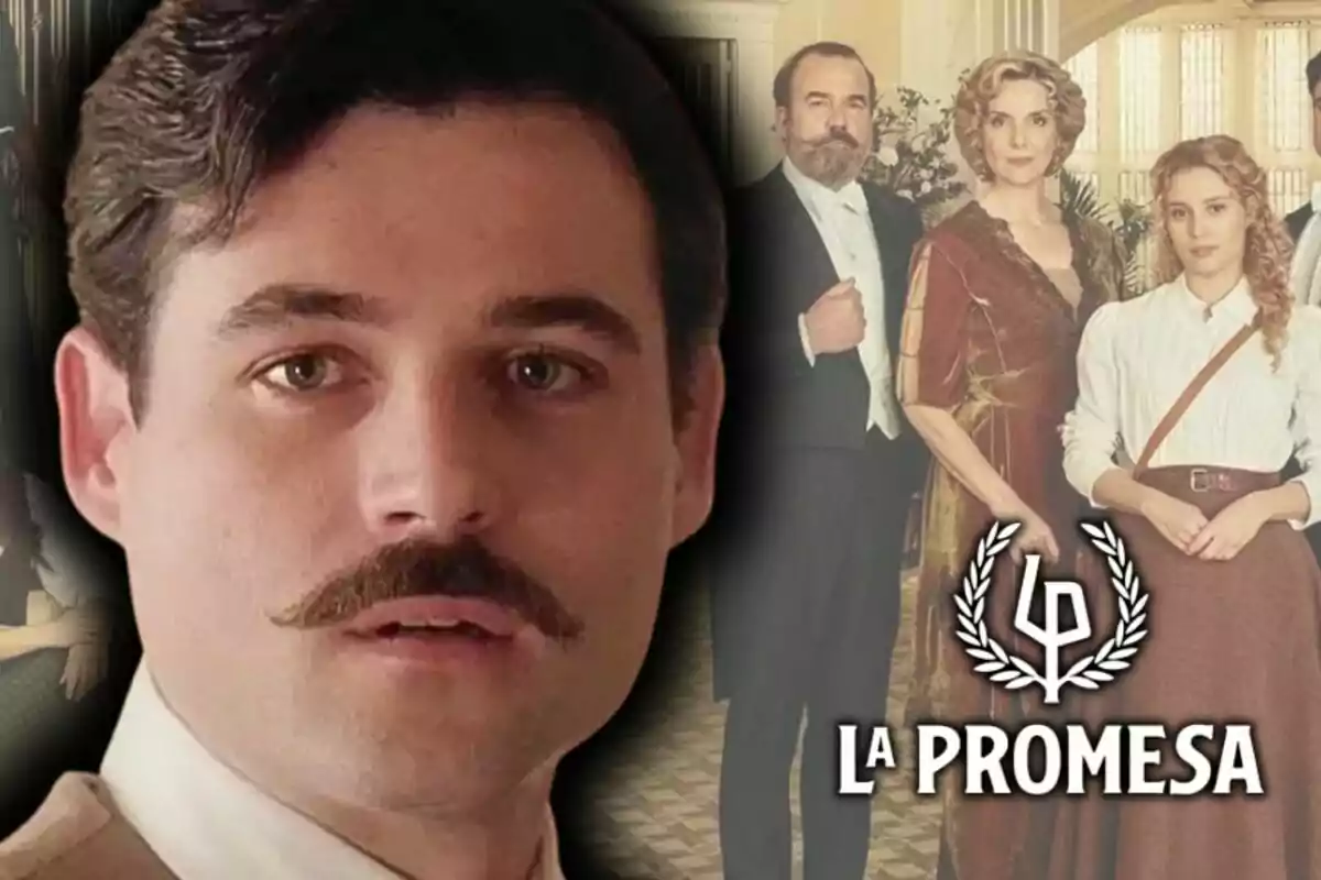 Primer pla d’Arturo Sancho amb bigoti i expressió seriosa al davant, al fons un grup de persones elegantment vestides i el logotip de la sèrie 'La Promesa'.