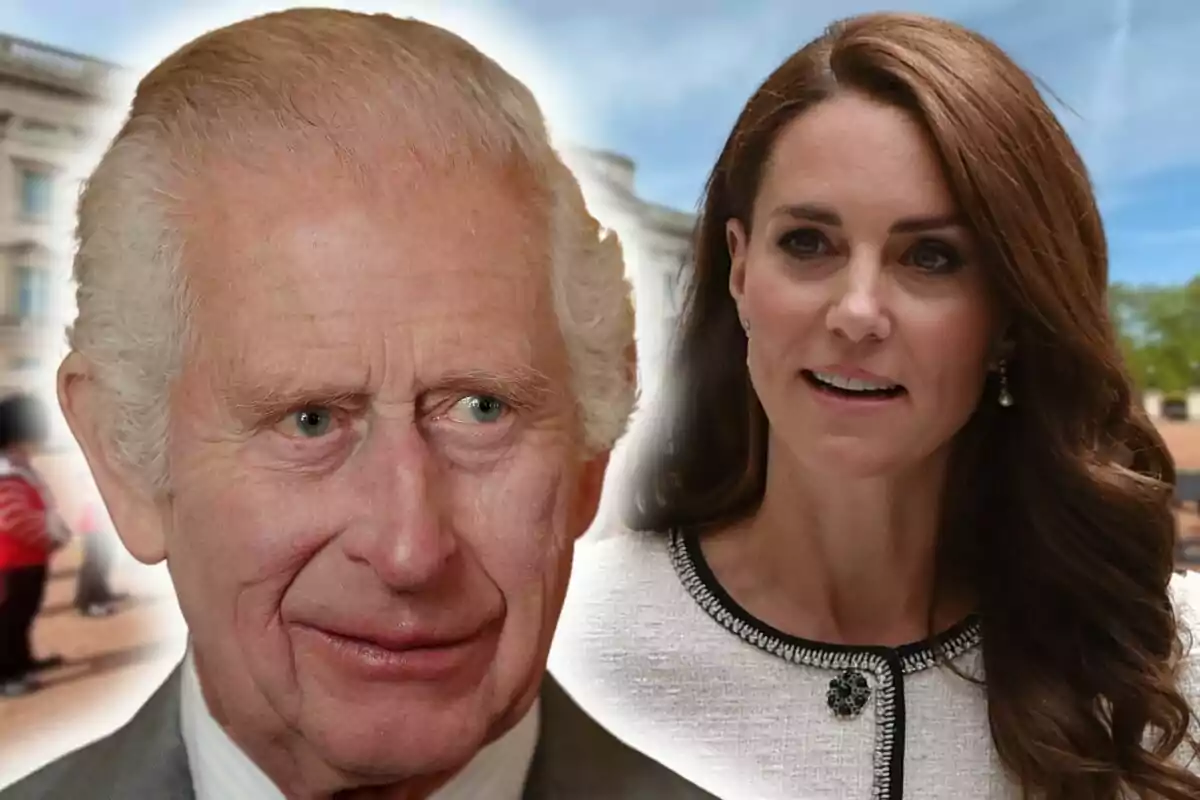 Close-up photo montage of King Charles III and Kate Middleton with Buckingham Palace in the background.