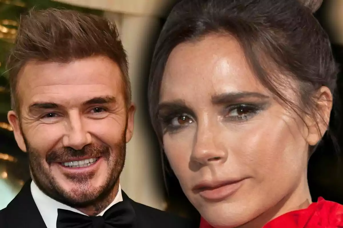 Close-up photo montage of Victoria Beckham and her husband, David Beckham.