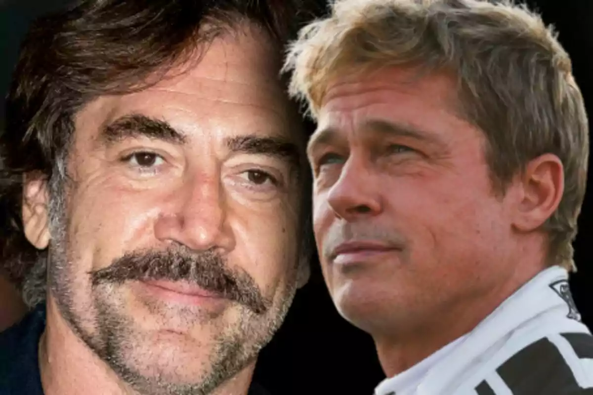 Close-up photo montage of Javier Bardem and Brad Pitt, both with neutral expressions.