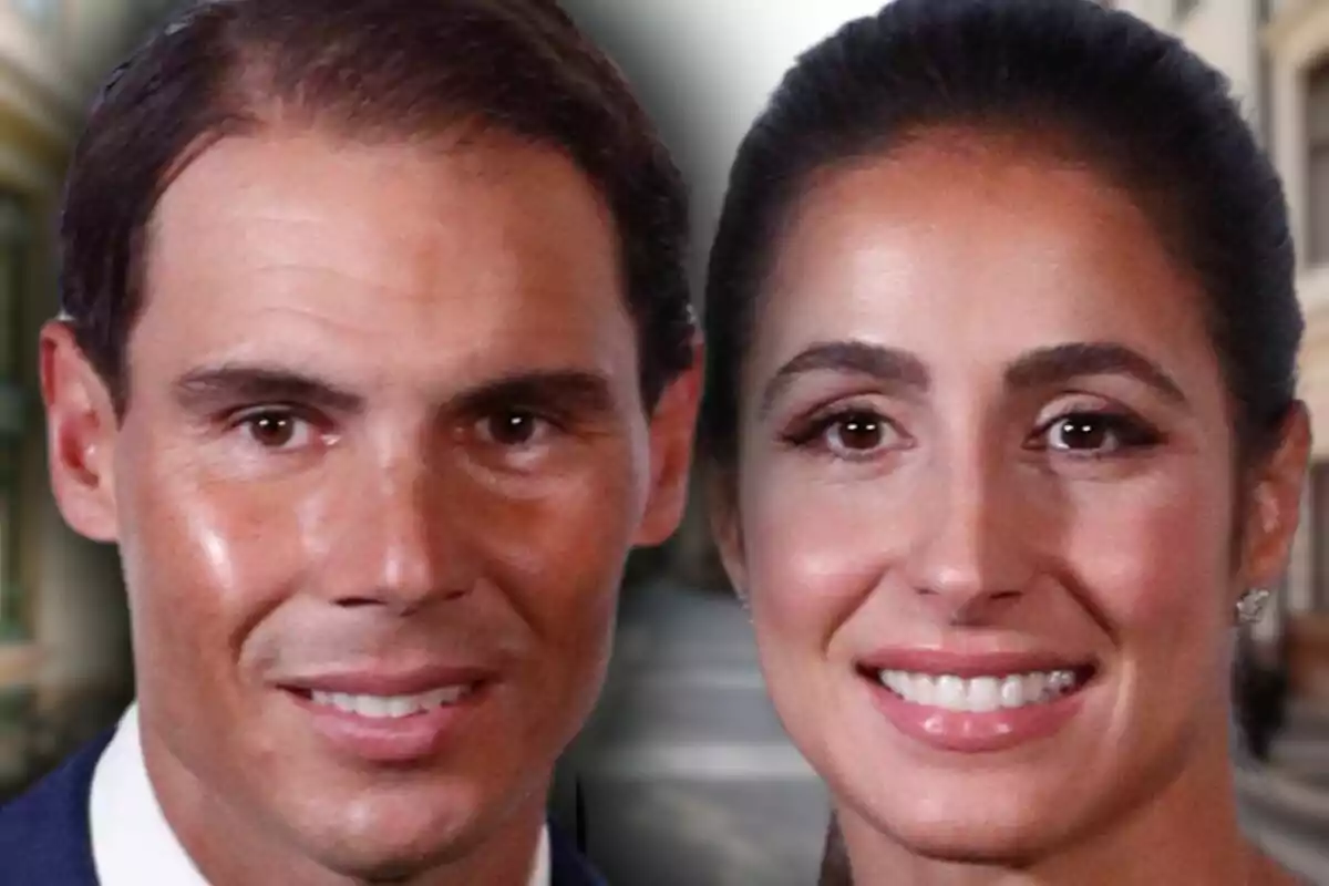 Close-up photo montage of Rafa Nadal and Xisca Perelló, both with smiling faces.