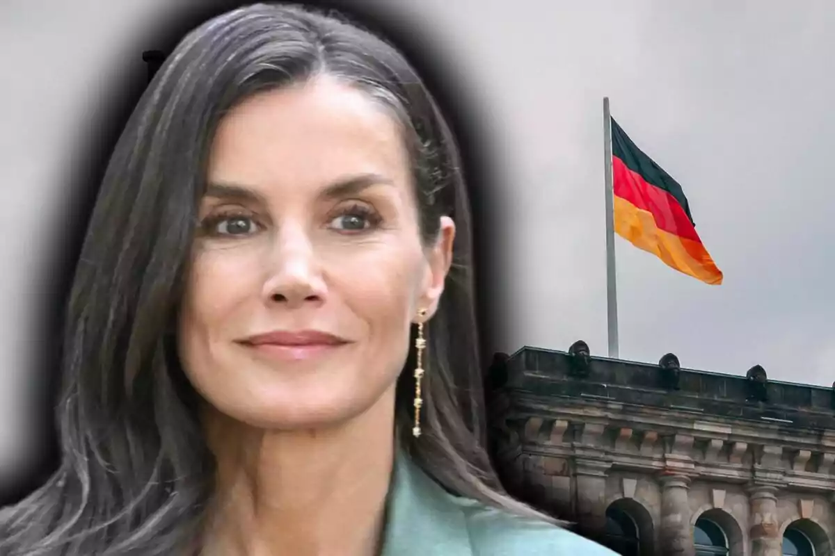 Photo montage of Queen Letizia with a German flag in the background.