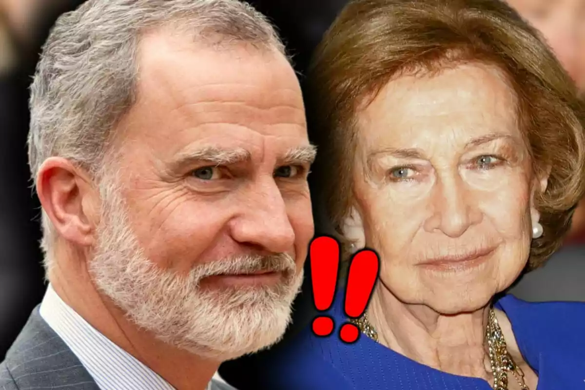 Muntatge de fotos en primer pla del rei Felip VI i la seva mare, la reina Sofia, amb dos signes d’exclamació vermells.