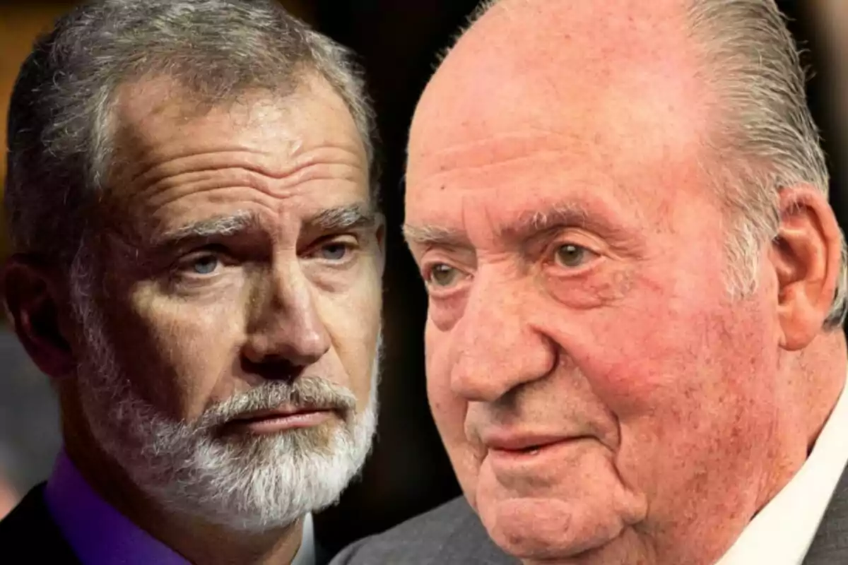 Close-up photo montage of the emeritus king, Juan Carlos I, and King Felipe VI, both with serious expressions.