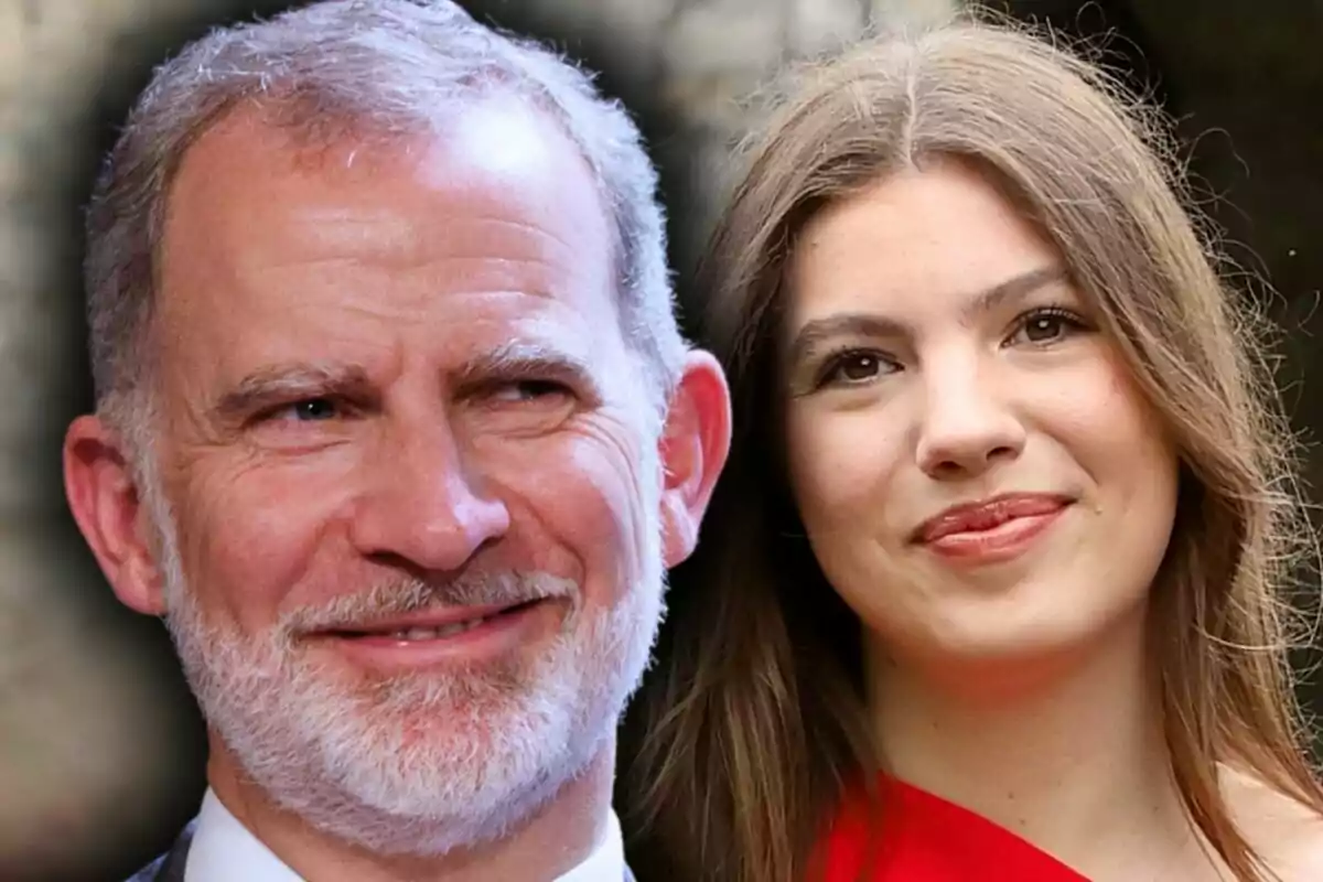 Muntatge de fotos en primer pla de Felip VI i la seva filla menor, la infanta Sofia, tots dos amb el rostre somrient.
