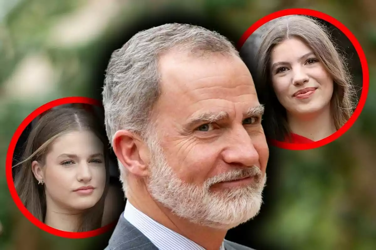 Muntatge de fotos en primer pla del rei Felip i les seves dues filles: la infanta Sofia i la Leonor.