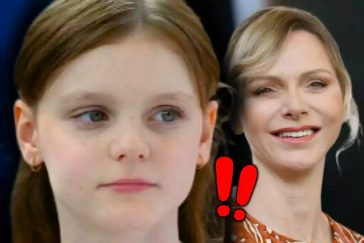 Muntatge de fotos en primer pla de la princesa Gabriella i Charlene de Mònaco, amb dos signes d’exclamació vermells que apareixen al centre de la imatge.
