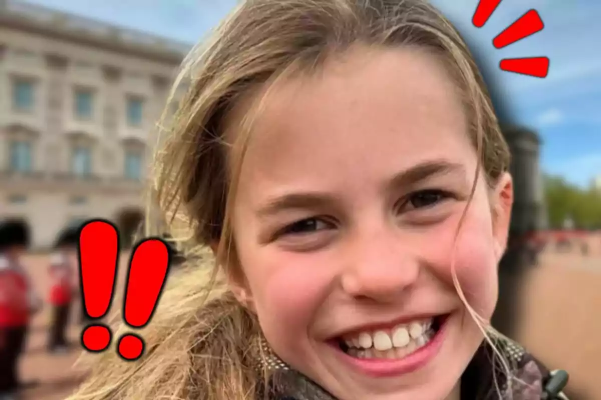 Close-up of a smiling Princess Charlotte and, in the background, a wide shot of Buckingham Palace with red exclamation marks digitally added.