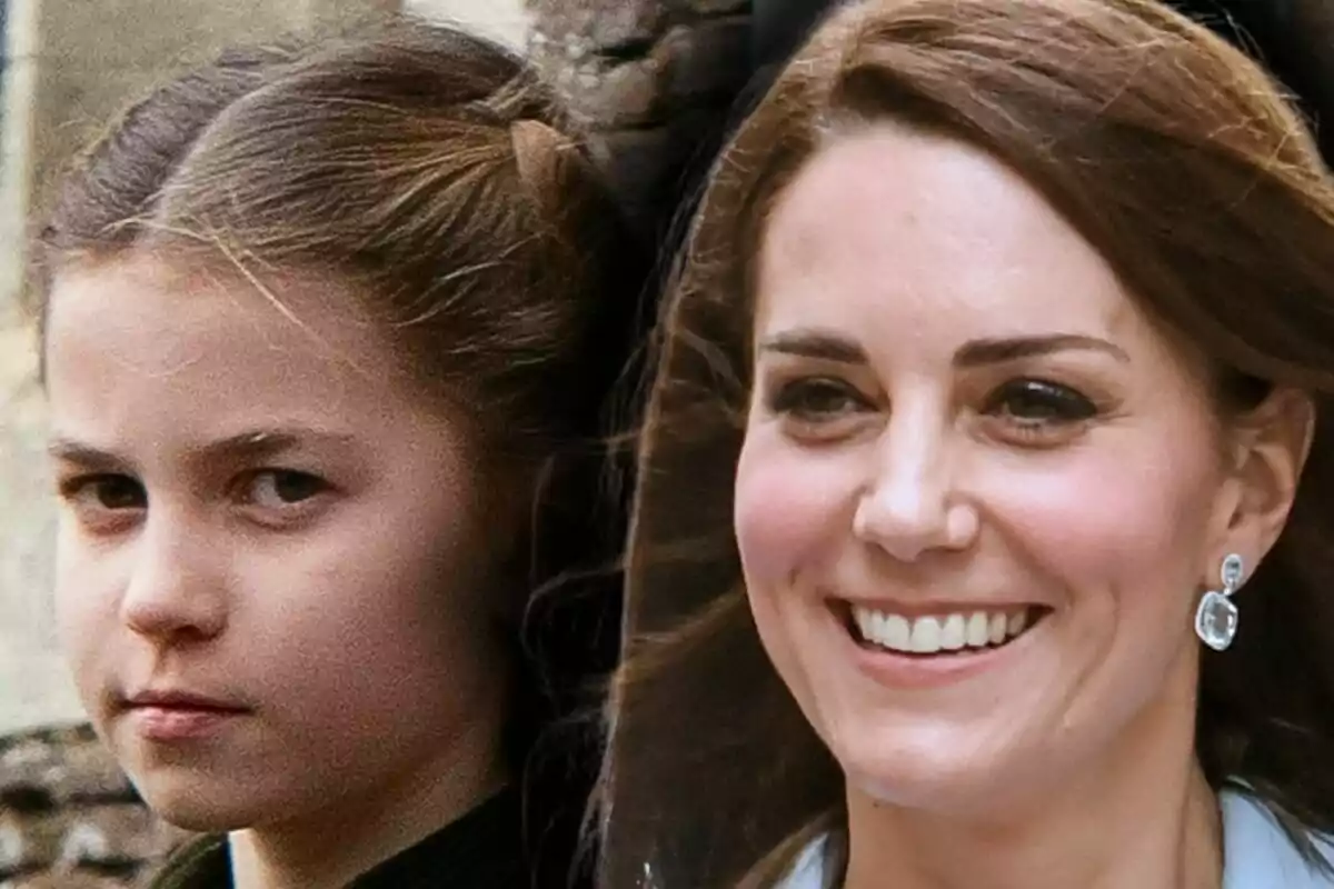Close-up photo montage of Princess Charlotte with a serious expression next to Kate Middleton smiling with her hair down and silver earrings.