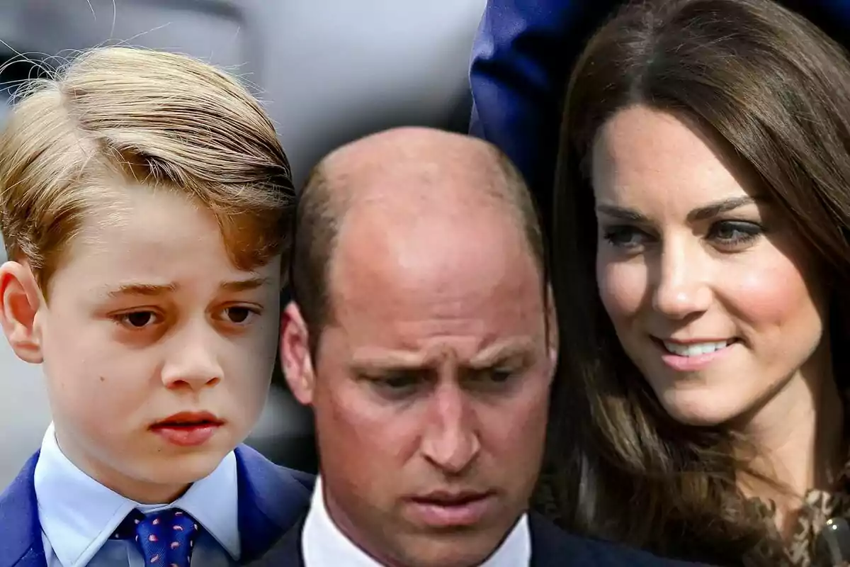 Muntatge de fotos en primer pla del príncep George, la Kate Middleton i el príncep Guillem, tots amb rostre neutre excepte ella.