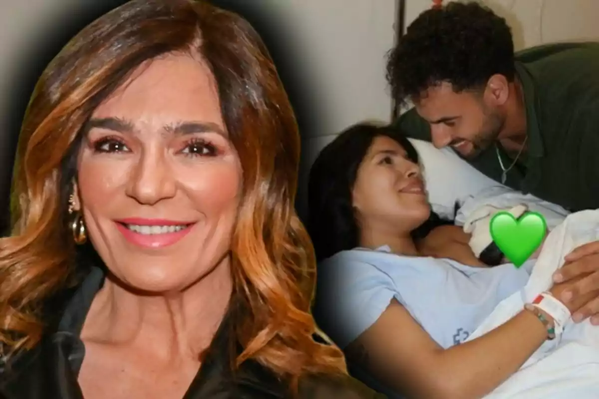 Raquel Bollo somrient en primer pla i al fons una parella —formada per Asraf Beno i Isa Pantoja— amb el seu nadó acabat de néixer, Cairo, en un llit d’hospital amb un cor verd cobrint el nadó.