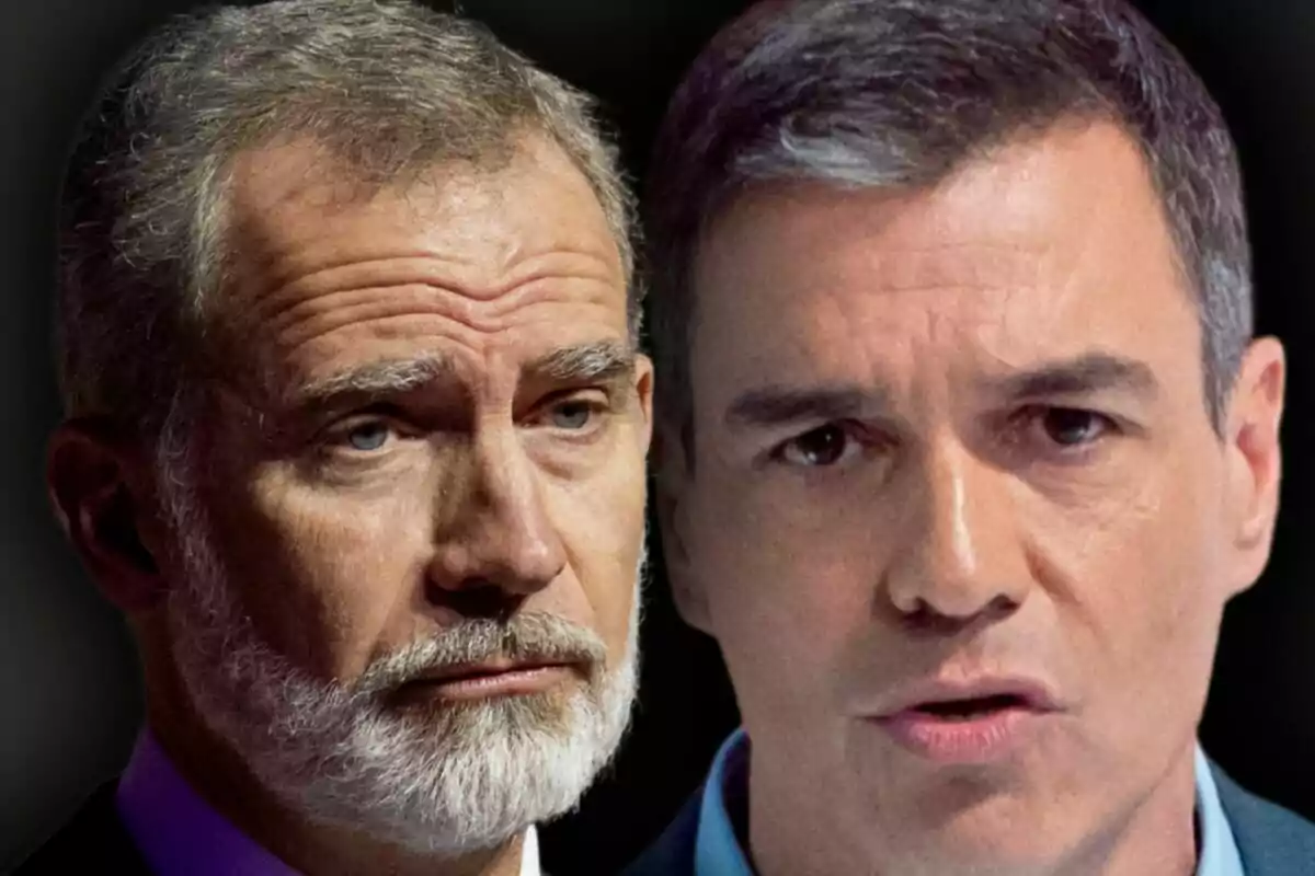Muntatge de fotos en primer pla del rei Felip i Pedro Sánchez, tots dos amb expressions serioses mirant al front.