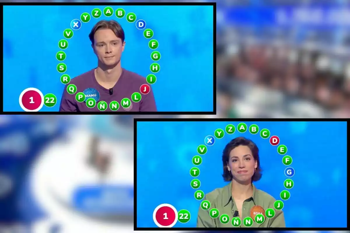 Dos concursants participant a la prova final del rosco de 'Pasapalabra', que són en Manu i la Rosa, cadascun envoltat per lletres en cercle i amb un marcador d'encerts i errors. Dos concursants participant a la prova final del rosco de 'Pasapalabra', que són en Manu i la Rosa, cadascun envoltat per lletres en cercle i amb un marcador d'encerts i errors.