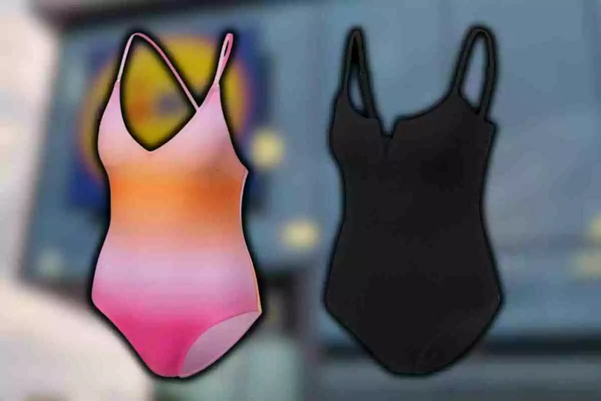 Dos trajes de baño de una sola pieza, uno en tonos degradados de rosa y naranja y otro en color negro, sobre un fondo desenfocado. Dos trajes de baño de una sola pieza, uno en tonos degradados de rosa y naranja y otro en color negro, sobre un fondo desenfocado.
