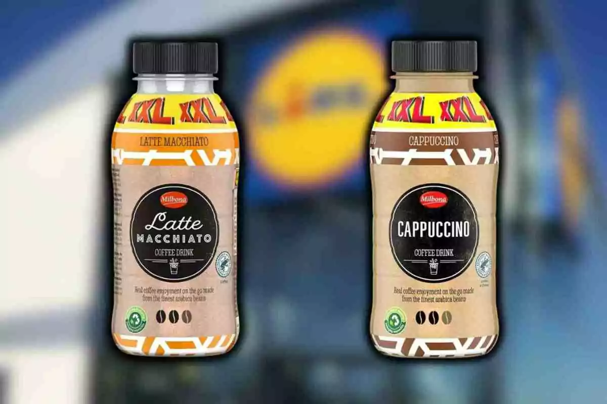 Dues ampolles de cafè fred Milbona, una de Latte Macchiato i una altra de Cappuccino, amb etiquetes XXL i fons desenfocat d’una botiga Lidl. Dues ampolles de cafè fred Milbona, una de Latte Macchiato i una altra de Cappuccino, amb etiquetes XXL i fons desenfocat d’una botiga Lidl.