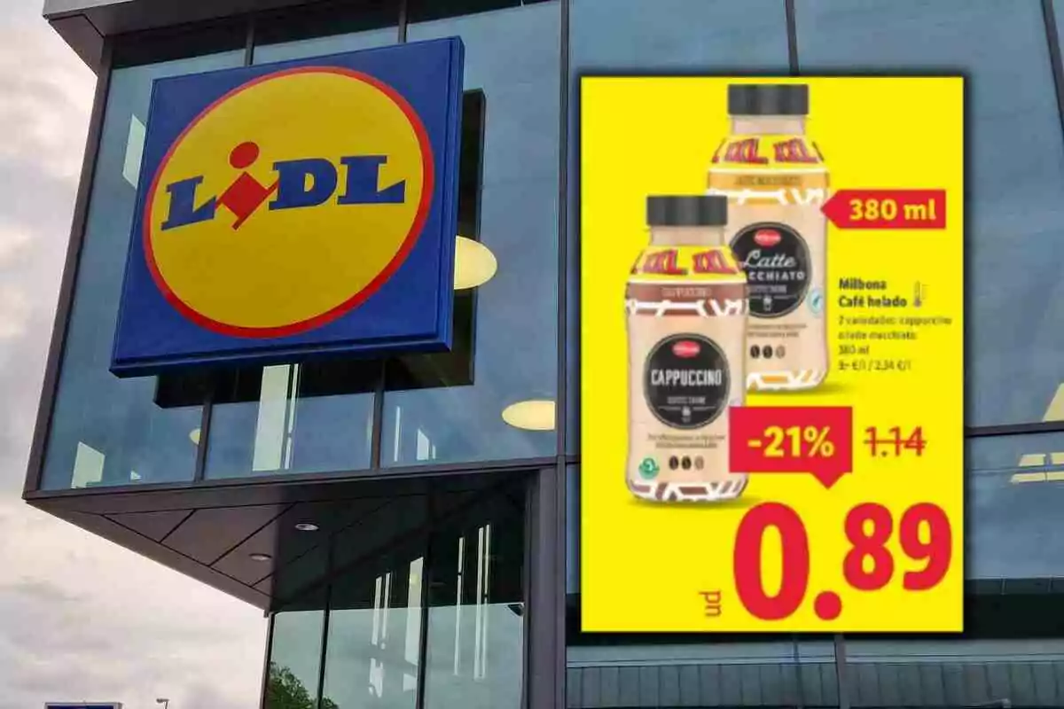 Façana d’una botiga Lidl amb un cartell promocional de cafè gelat Milbona en oferta a 0,89 euros Façana d’una botiga Lidl amb un cartell promocional de cafè gelat Milbona en oferta a 0,89 euros