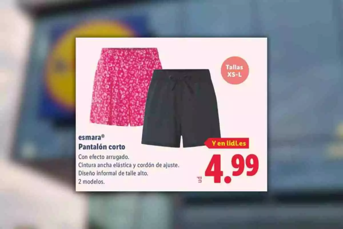 Dos pantalones cortos de mujer en colores rosa con estampado y negro, con precio de 4.99 euros y disponibles en tallas XS a L Dos pantalones cortos de mujer en colores rosa con estampado y negro, con precio de 4.99 euros y disponibles en tallas XS a L