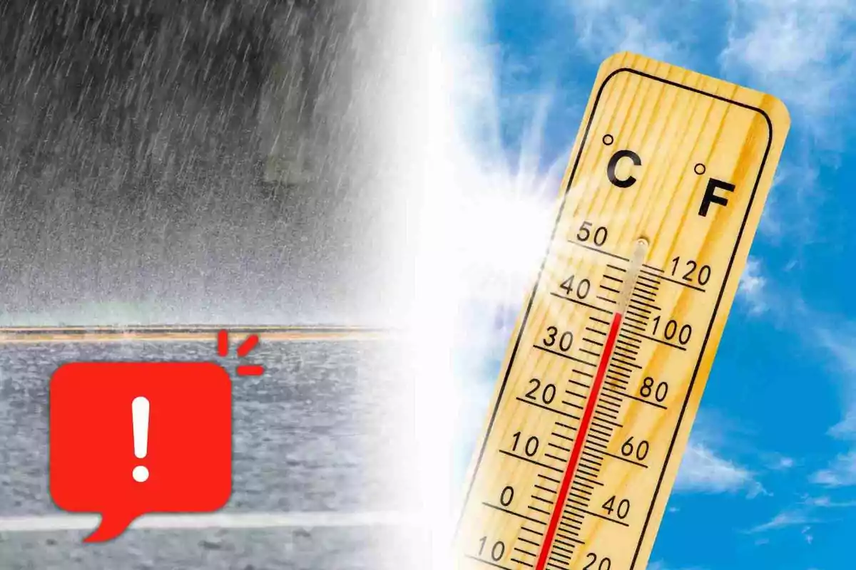 La meitat de la imatge mostra pluja intensa i l’altra meitat un termòmetre marcant una temperatura alta sota el sol amb una icona d’advertència a la part inferior esquerra.