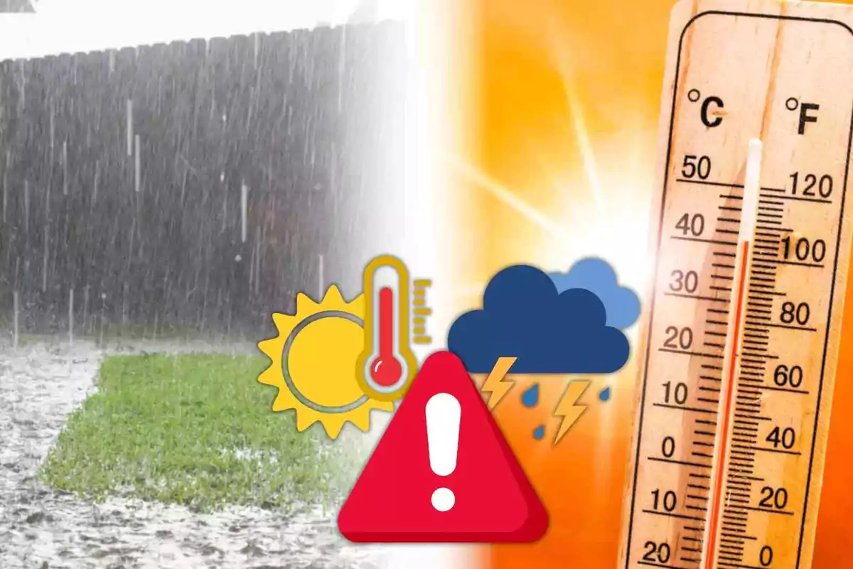 Imatge dividida en dues meitats que mostra pluja intensa a l’esquerra i calor extrema amb un termòmetre a la dreta, acompanyada d’icones d’advertència meteorològica