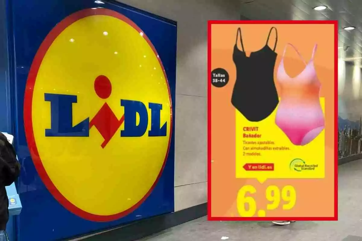 Fotografía de la entrada de una tienda Lidl con un cartel promocional de bañadores para mujer en dos colores, uno negro y otro degradado en tonos rosa y naranja, con precio de 6,99 euros. Fotografía de la entrada de una tienda Lidl con un cartel promocional de bañadores para mujer en dos colores, uno negro y otro degradado en tonos rosa y naranja, con precio de 6,99 euros.