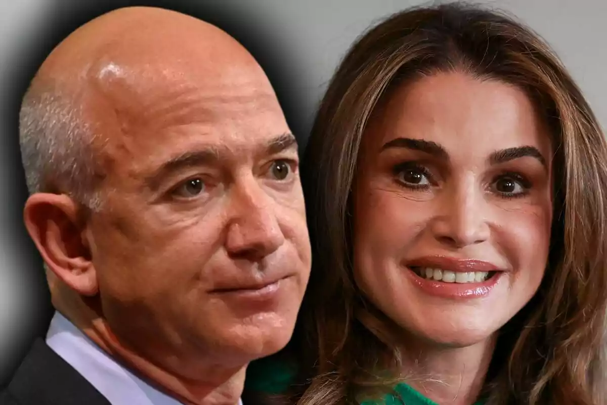 Close-up photo montage of a smiling Rania of Jordan and a serious-faced Jeff Bezos.