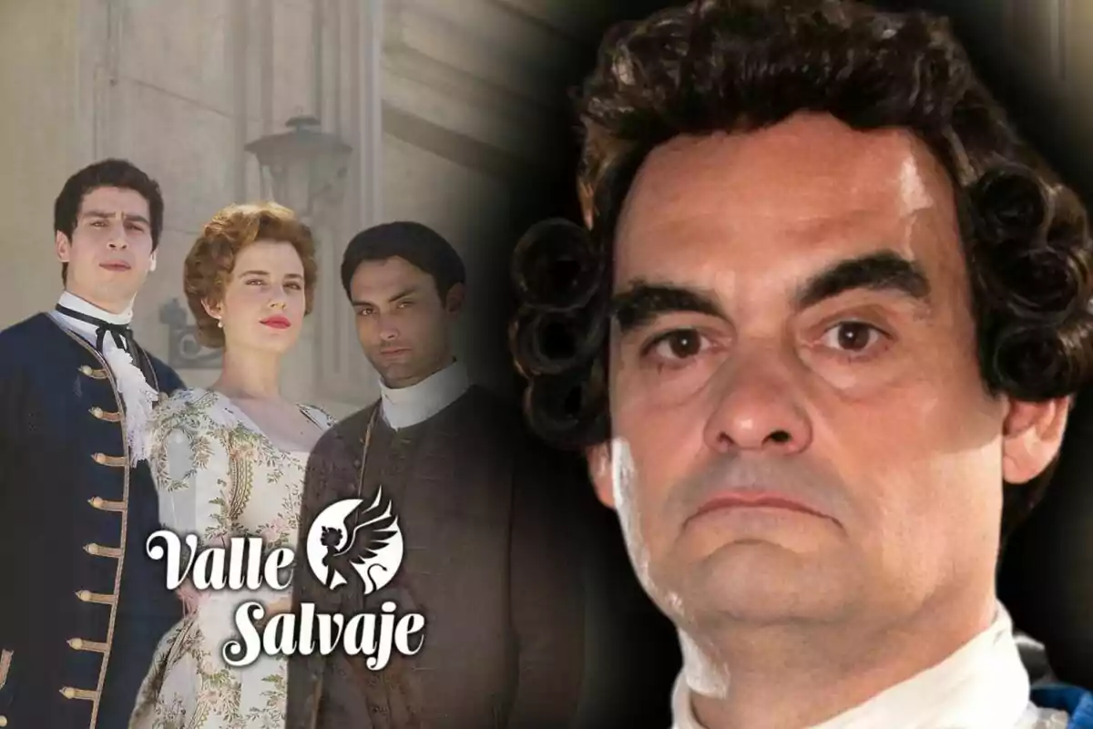 Quatre persones amb vestimenta d’època posen, tres d’elles al fons i una en primer pla, que és l’actor Óscar Rabadán, al costat del logotip de ‘Valle Salvaje’.