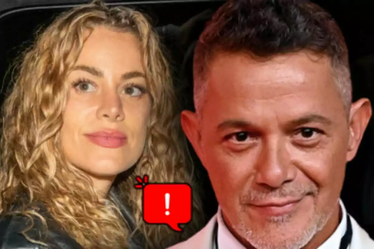Close-up photo montage of Alejandro Sanz and Candela Márquez with a red warning emoji between them.