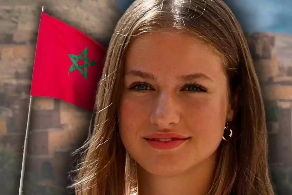 Photo montage of Princess Leonor of Bourbon in close-up in front of a waving Moroccan flag and a background of old buildings.