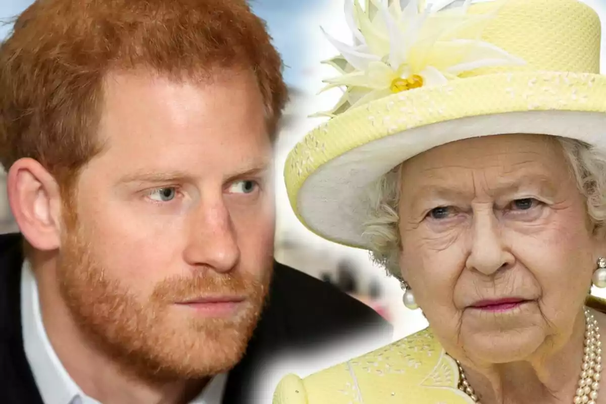 Photo montage of Queen Elizabeth II and Prince Harry, both with serious expressions.