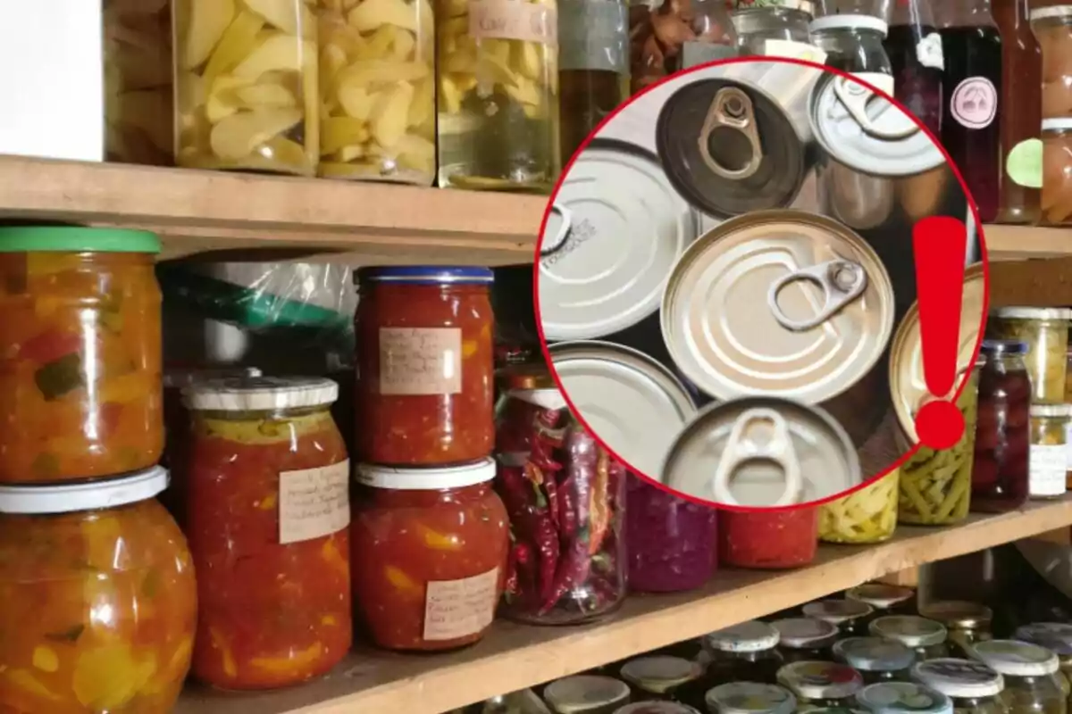 Shelves filled with jars and cans of preserves, with a circle highlighting several metal cans and a red exclamation mark.