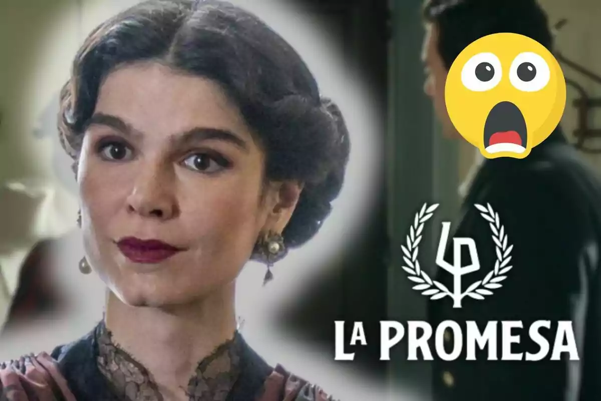Julia Piera de cabell fosc amb pentinat antic i expressió seriosa, al costat del logotip de La Promesa i un emoji de sorpresa cobrint la cara d’una altra persona al fons