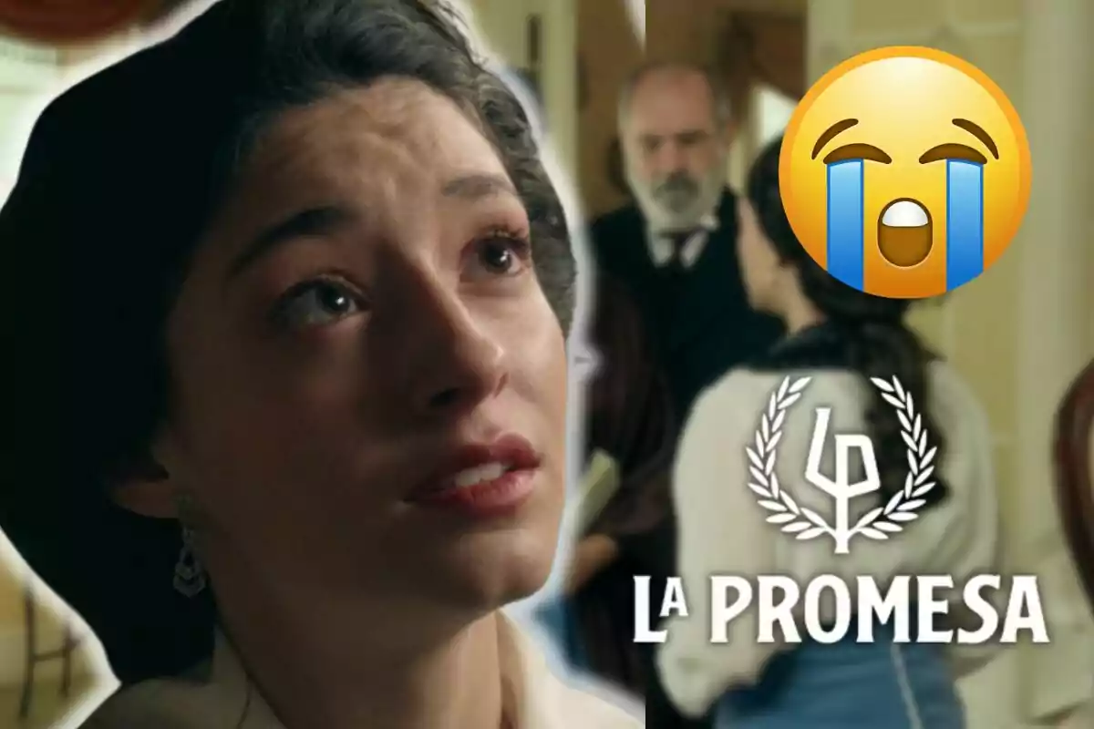 Marta Costa amb expressió trista en primer pla, fons desenfocat amb dues persones, un emoji plorant i el text La Promesa
