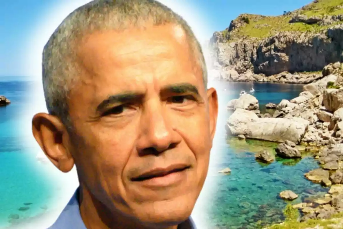 Close-up of Barack Obama with a serious expression against a beach background with turquoise water and rock formations.
