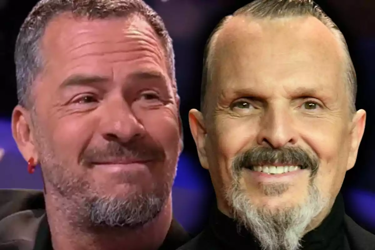 Close-up photo montage of Miguel Bosé and Nacho Palau, both with smiling faces.