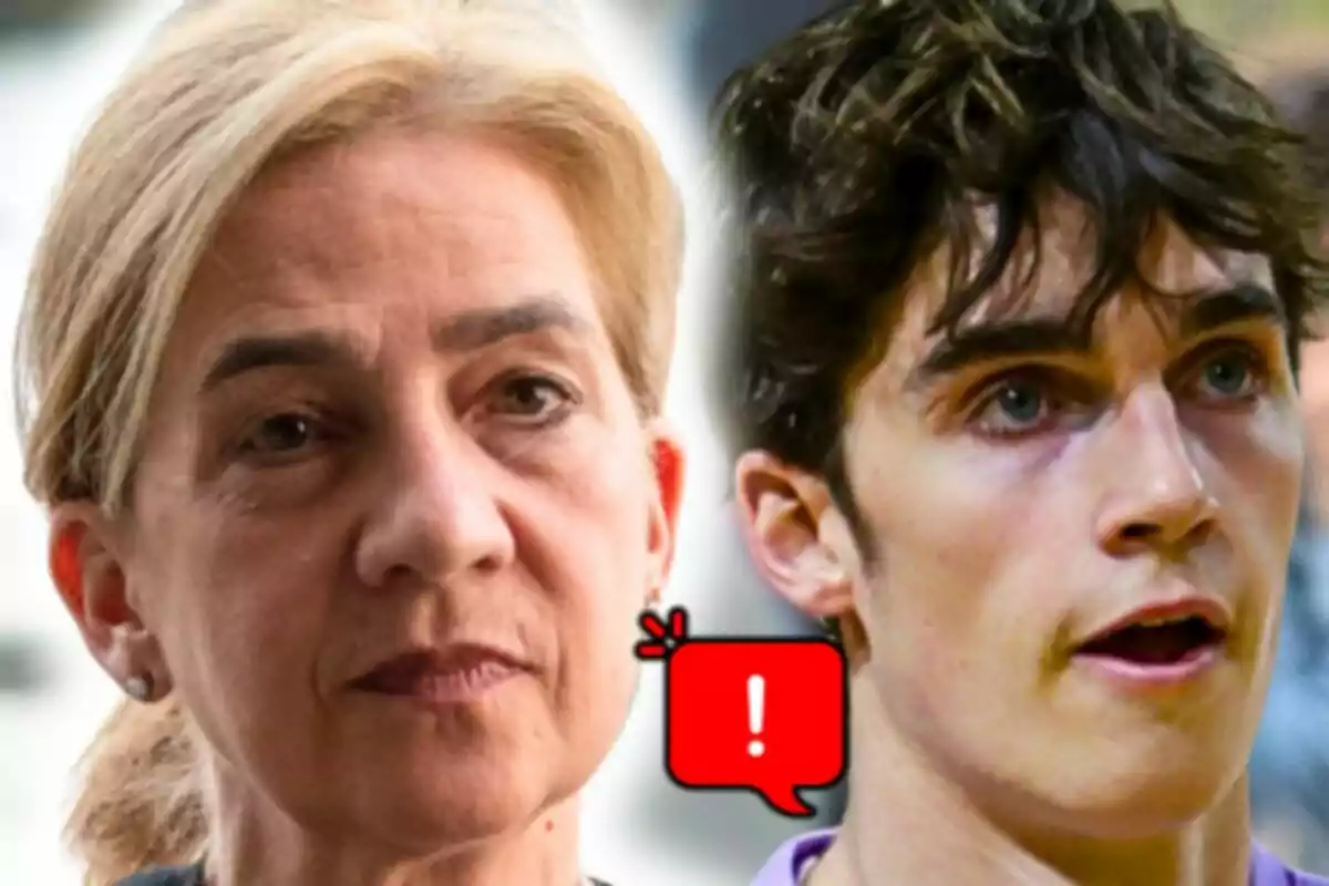 Muntatge de fotos en primer pla de Pablo Urdangarin i la infanta Cristina, tots dos amb expressions serioses i una icona d’advertència vermella entre ells.