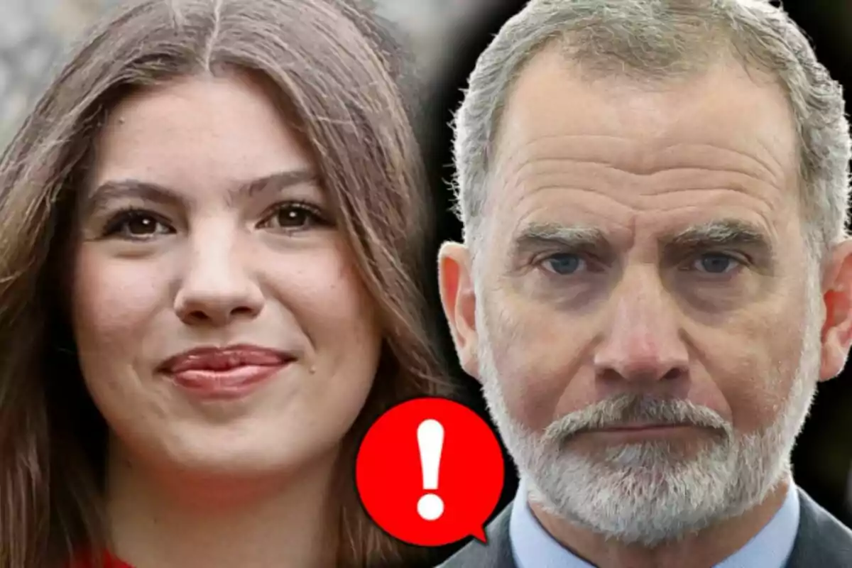 Photo montage of King Felipe VI and Infanta Sofía looking straight ahead with a red warning icon between them.