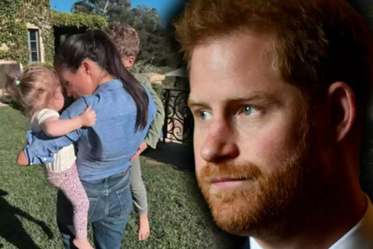 Meghan Markle sosté la Lilibet en braços mentre l’Archie l’abraça per l’esquena en un jardí assolellat i a la dreta apareix el rostre seriós del príncep Harry.
