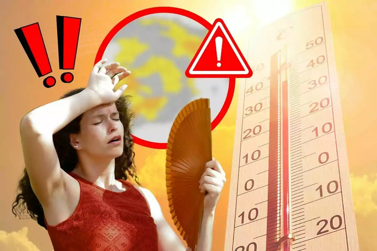 Dona ventant-se amb expressió de calor intens al costat d’un termòmetre que marca altes temperatures i símbols d’advertència sobre un fons taronja.