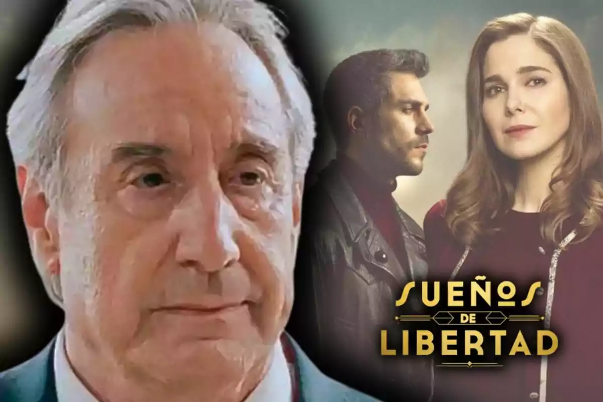 Primer pla de Juanjo Puigcorbé amb expressió seriosa i al fons dues persones al costat del títol 'Sueños de Libertad'.