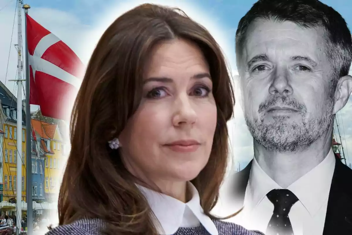 María de Dinamarca en primer pla amb fons de bandera de Dinamarca i una imatge de Frederic de Dinamarca en blanc i negre.