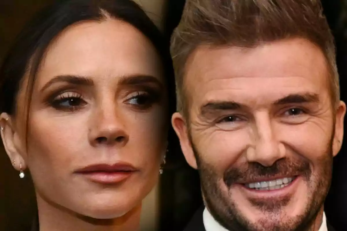 Close-up of Victoria Beckham with a serious expression next to a smiling David Beckham.