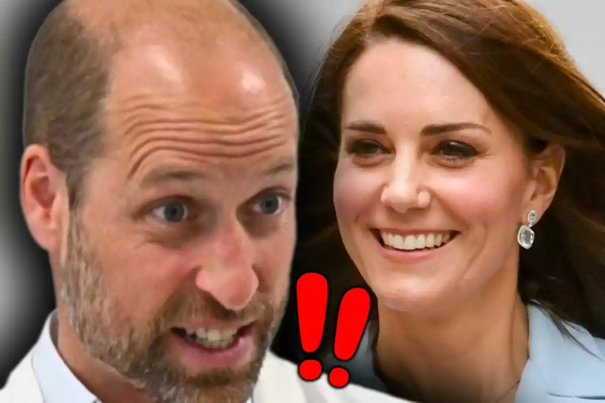 Muntatge de fotos en primer pla de Kate Middleton i el príncep Guillem amb dos signes d’exclamació vermells entre ells.