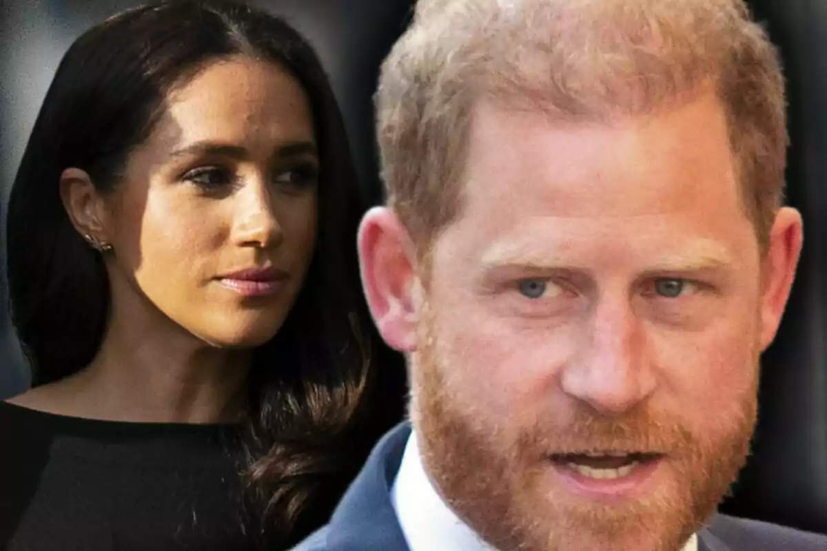 Muntatge de fotos en primer pla del príncep Harry i Meghan Markle, tots dos amb el rostre seriós.