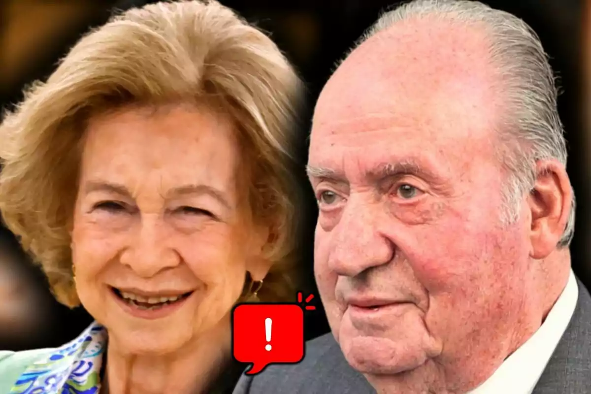Close-up photo montage of a serious Juan Carlos I and Queen Sofía with a smiling face, both with a red warning icon between them.