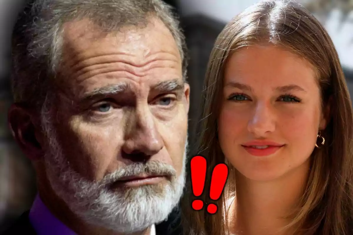 Close-up photo montage of King Felipe and Princess Leonor with two red exclamation marks between them.