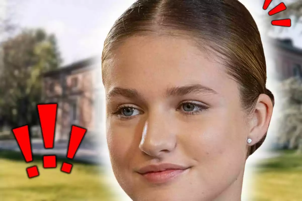 Muntatge de fotos de primer pla de la princesa Leonor de Borbó amb els cabells recollits, expressió seriosa i signes d’exclamació vermells sobre un fons d’edifici i arbres desenfocats.