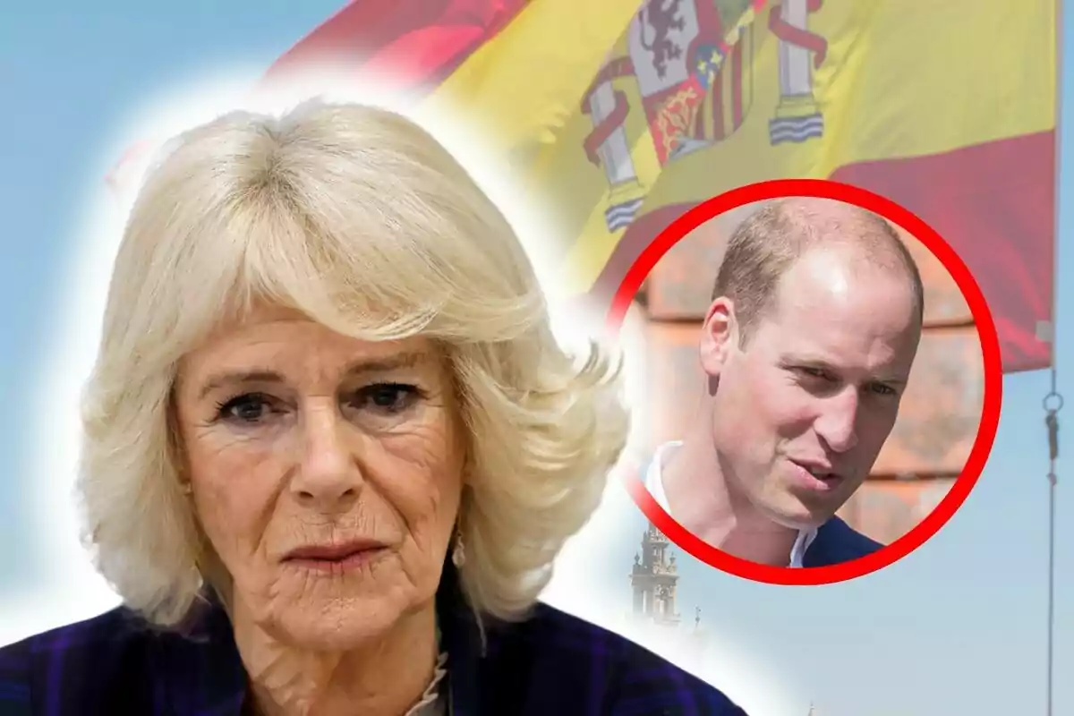 La reina Camila amb expressió seriosa en primer pla amb la bandera d’Espanya de fons i un home emmarcat en un cercle vermell, que és el príncep Guillem.