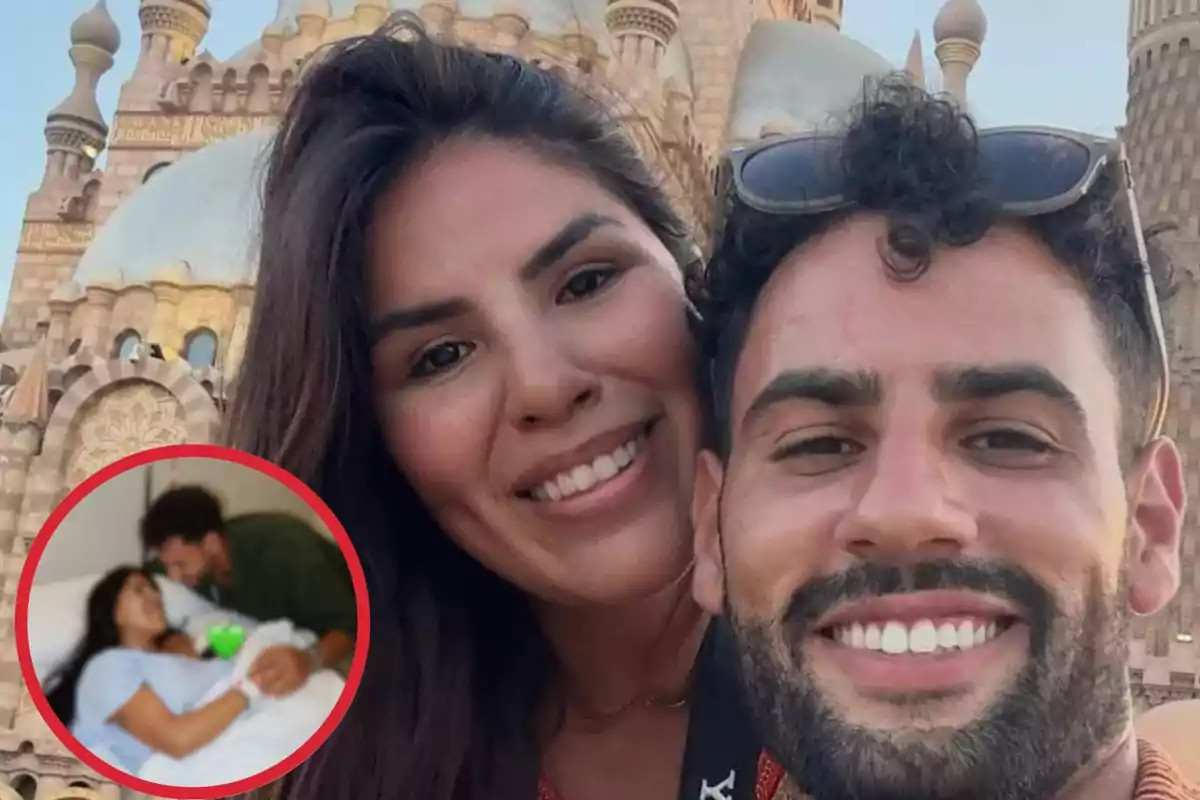 Montaje con Isa Pantoja y Asraf Beno sonrientes, junto a la primera foto pixelada de ellos con su bebé, situada dentro de un círculo rojo en la esquina inferior izquierda