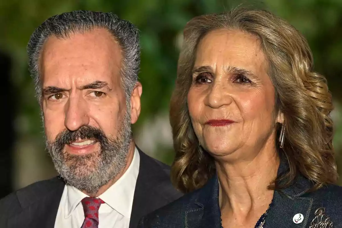 Jaime de Marichalar amb vestit fosc i corbata vermella al costat de la infanta Elena amb jaqueta blava, tots dos mirant al front amb expressió seriosa