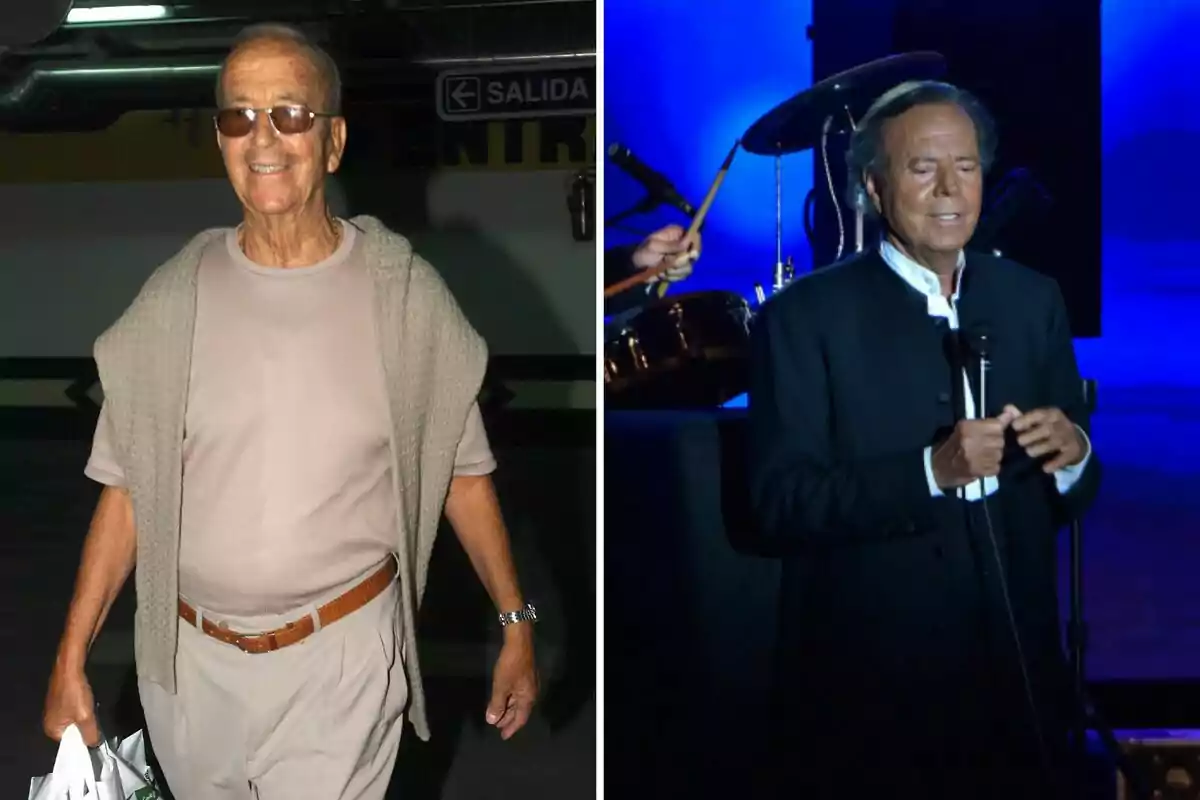 Julio Iglesias Puga and his son, one dressed casually and smiling in a parking lot, and the other in a dark suit singing on a blue-lit stage.
